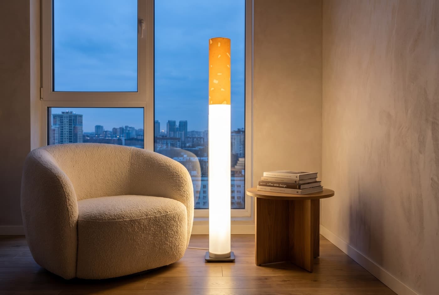 The lit lamp beside an armchair and side table at dusk, showing its real height