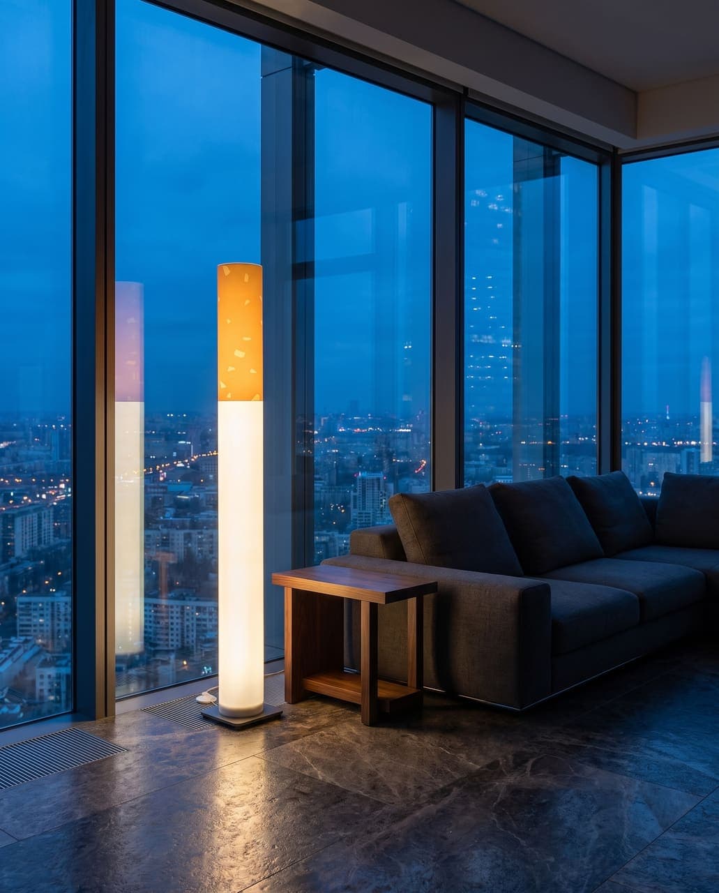 The floor lamp glowing at blue hour beside tall windows over a city skyline, a low charcoal sofa behind it
