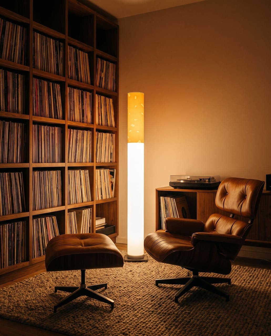 The floor lamp glowing between a wall of records and a leather lounge chair with its ottoman, on a thick wool rug