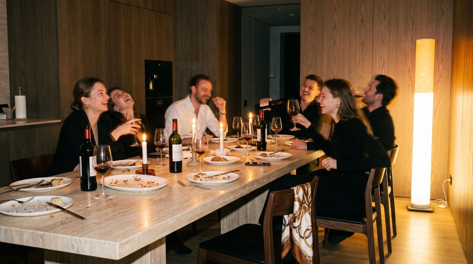Six friends laughing around a travertine dining table late at night, candles burnt low, the floor lamp glowing at the end of the table