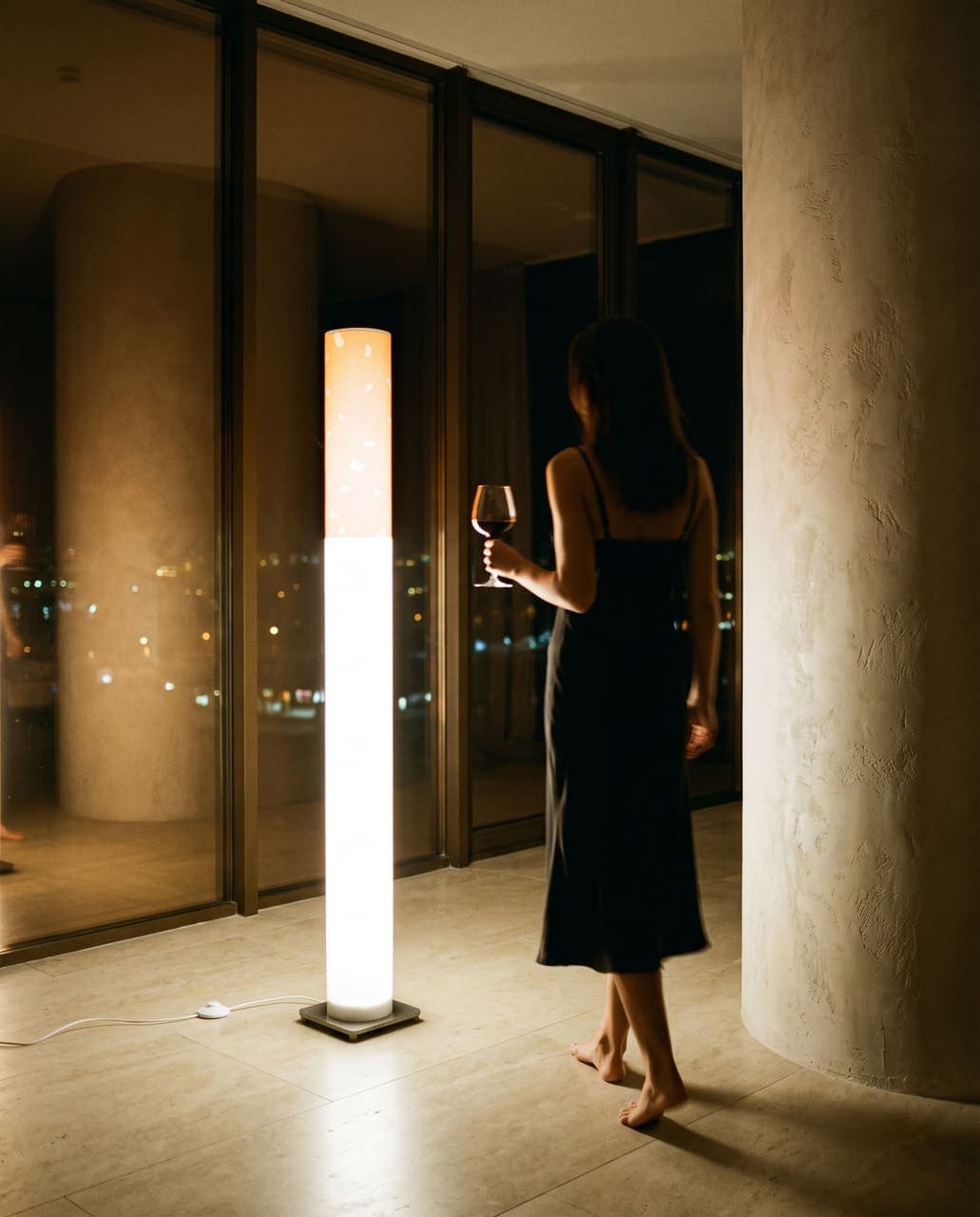 A woman in a slip dress walking barefoot toward a wall of bronze glass with a glass of red wine, the floor lamp tracing her silhouette