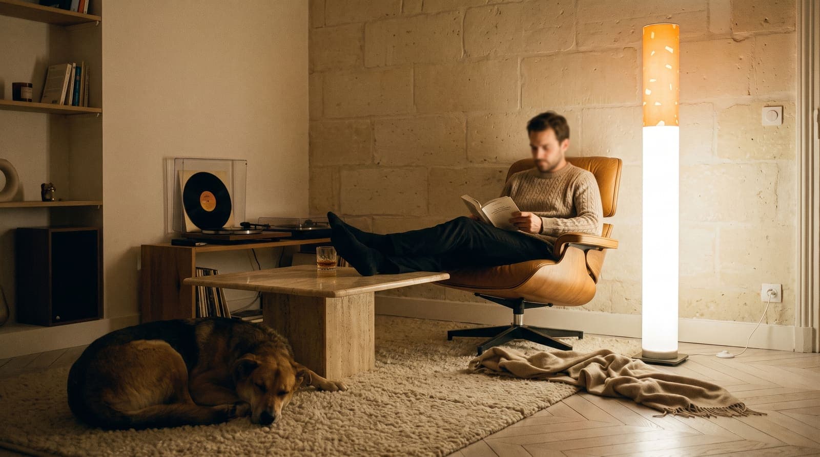 A man reading in a leather chair with his feet up, a dog asleep on the rug and a record turning, the floor lamp the only light