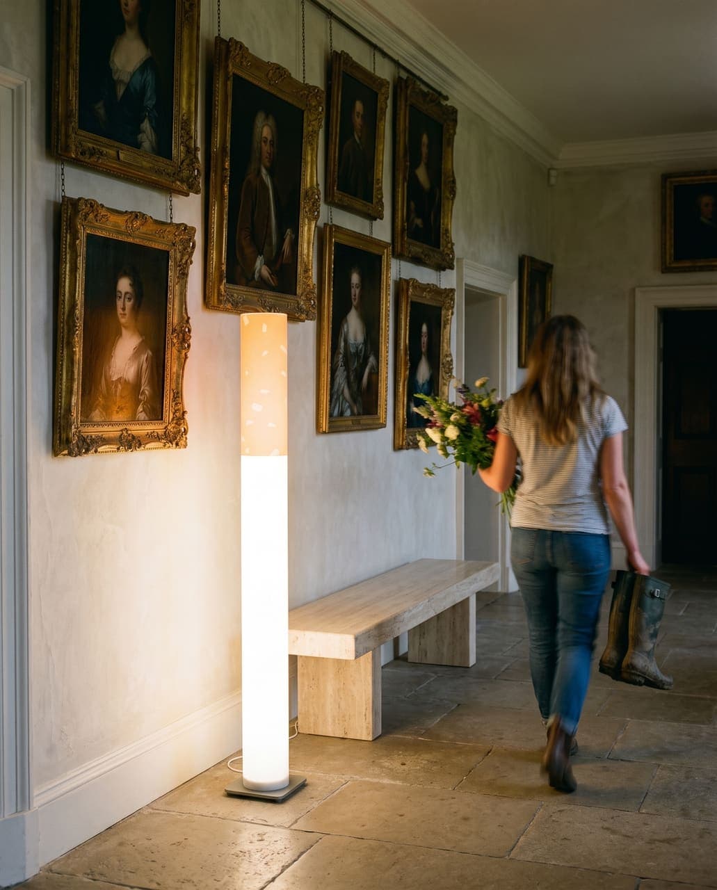 A woman walking away down a stone manor hallway carrying garden flowers and muddy boots, the floor lamp glowing by a travertine bench