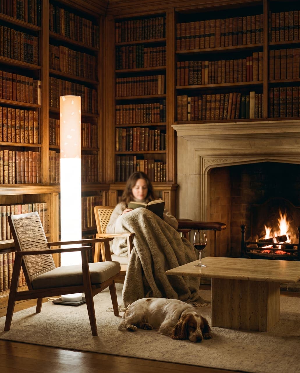 A woman curled up reading under a blanket in a manor library with a spaniel asleep at her feet, the floor lamp beside her chair