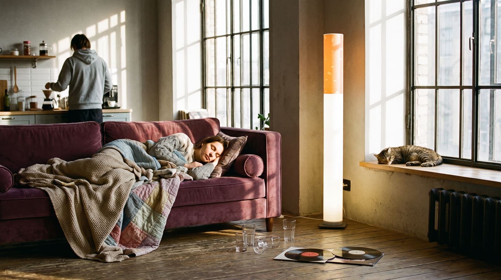 Low sun through tall steel windows onto a plum velvet sofa where a friend sleeps under a quilt, glasses on the floor, the floor lamp still on