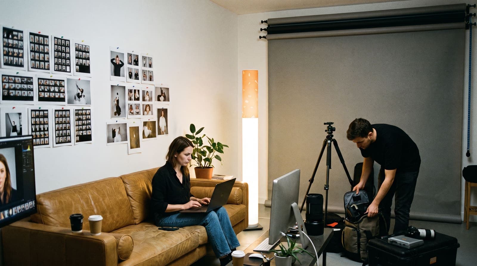 A photographer editing on a big monitor in a live-work studio while an assistant packs, contact sheets pinned on the wall, the floor lamp beside the sofa