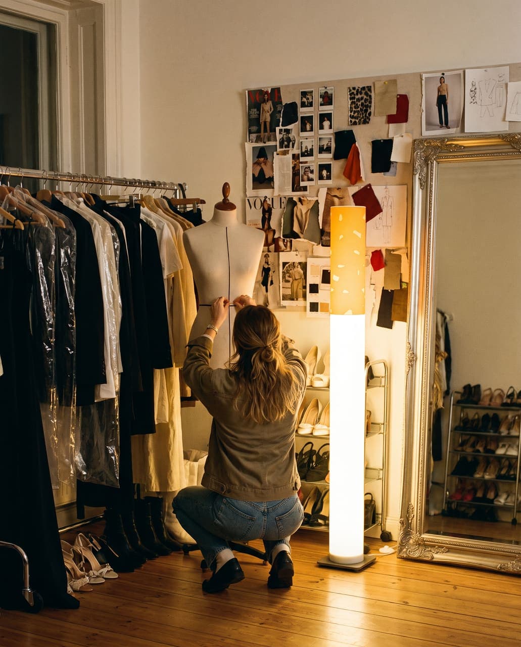 A stylist pinning a look on a mannequin beside a rail of garment bags and a mood board wall, the floor lamp glowing by the mirror
