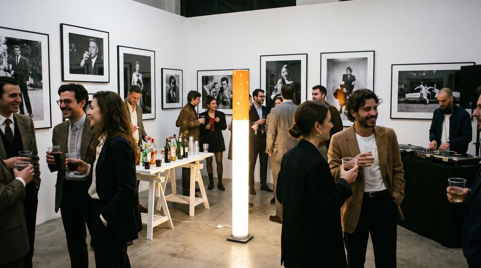 A crowd at a small exhibition opening with plastic cups of wine and a trestle bar, black-and-white photographs on the walls, the floor lamp in the middle of the room