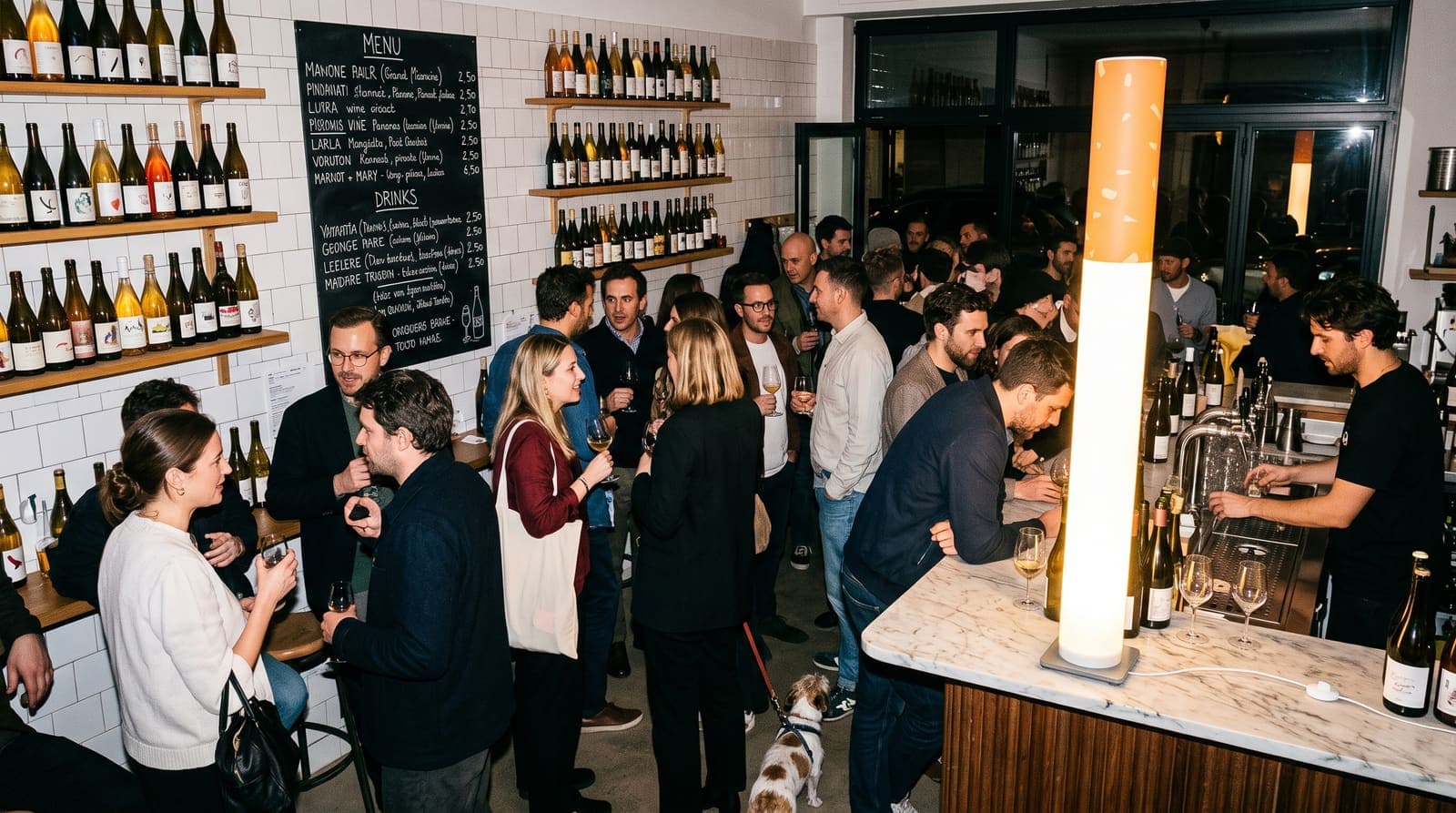 The same wine bar from the other end, shelves of bottles and a standing crowd with glasses, the floor lamp glowing among them
