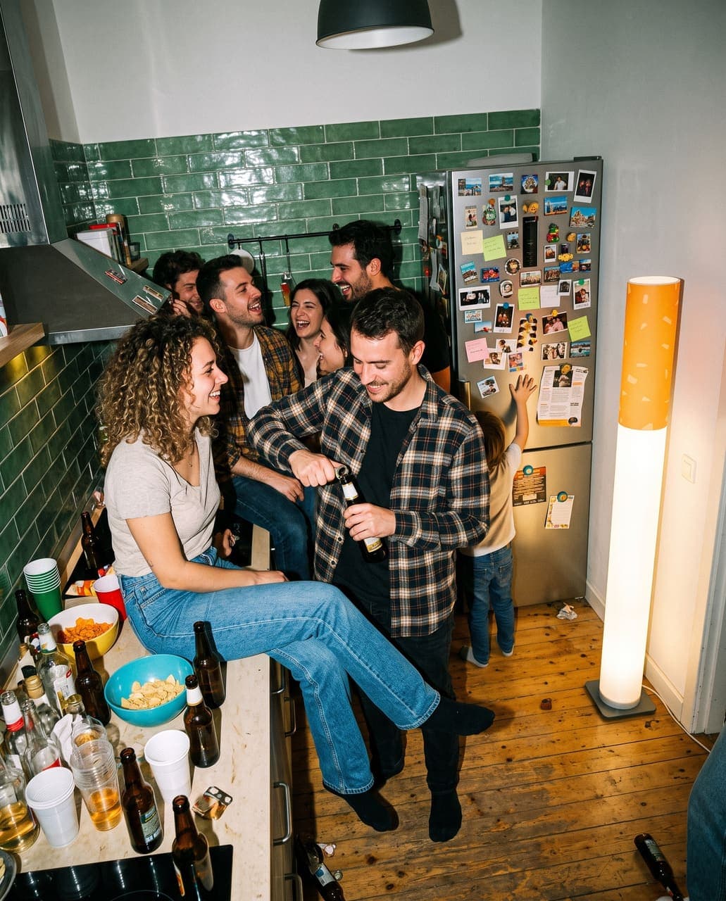Friends crammed into a green-tiled kitchen at a party, one sitting on the counter, bottles everywhere, the floor lamp glowing in the corner
