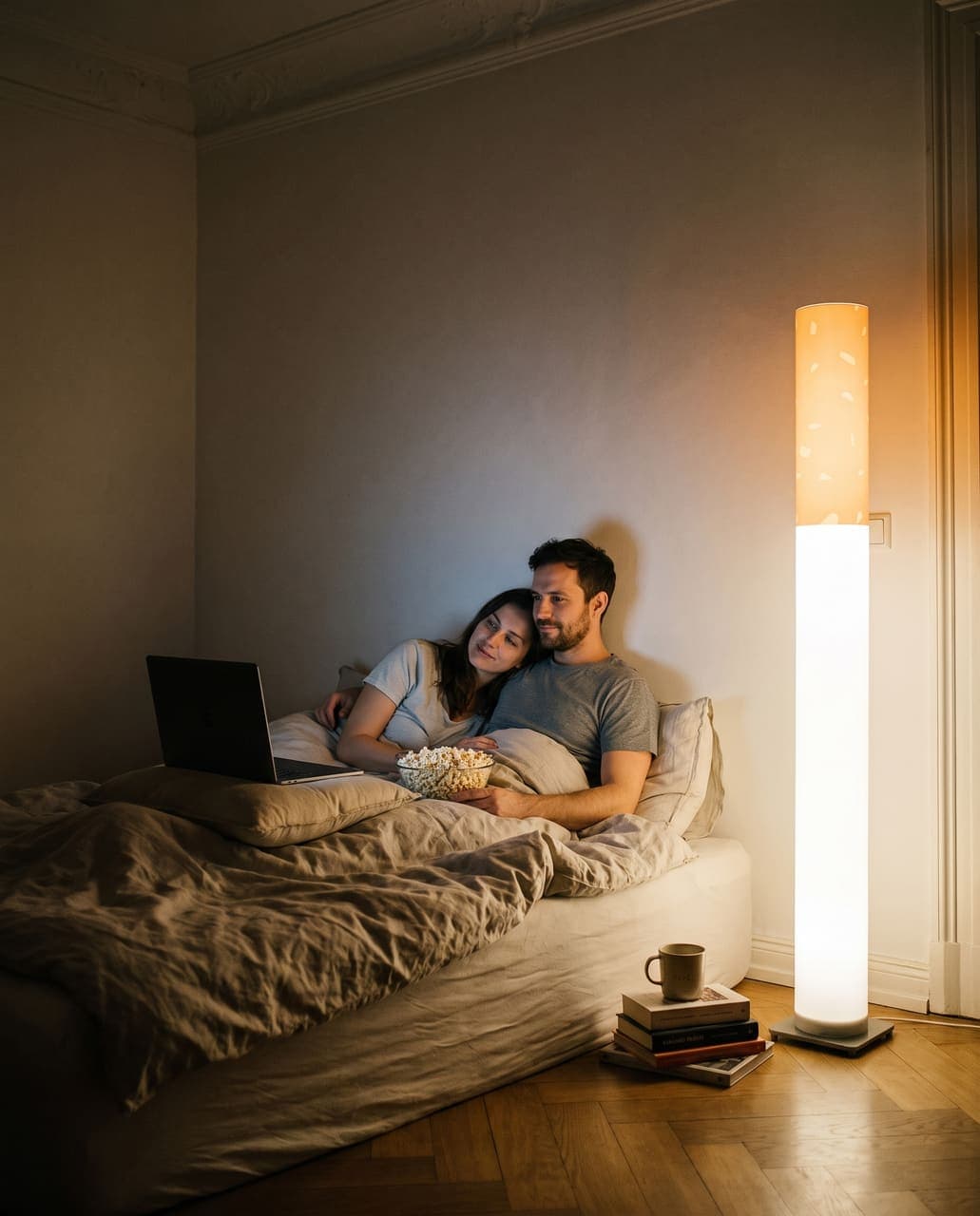 A couple in bed watching a film on a laptop with a bowl of popcorn, the floor lamp glowing beside the bed