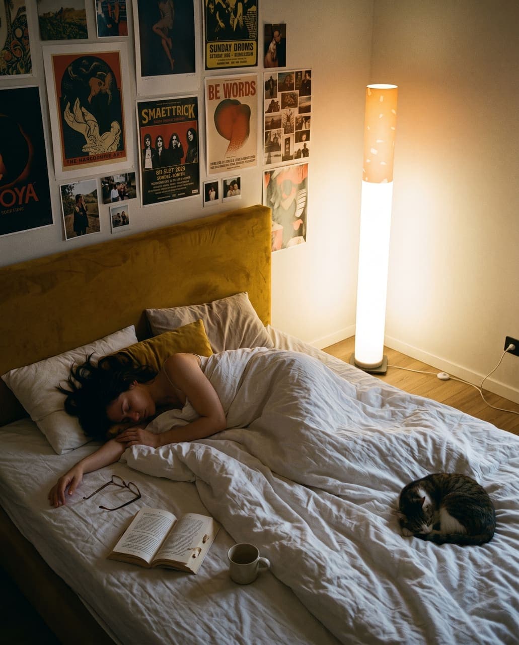 A woman asleep in bed with her glasses and an open book on the sheet, a cat curled at her feet, the floor lamp on in the corner under a poster wall