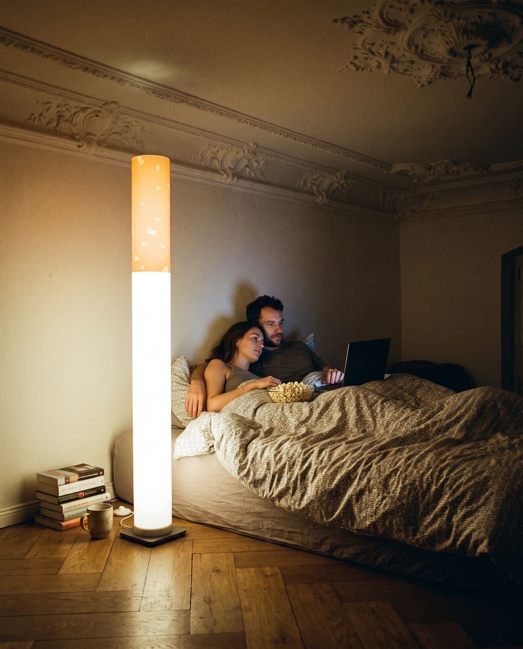 A couple under the duvet with a laptop and popcorn, the floor lamp the only light in the bedroom