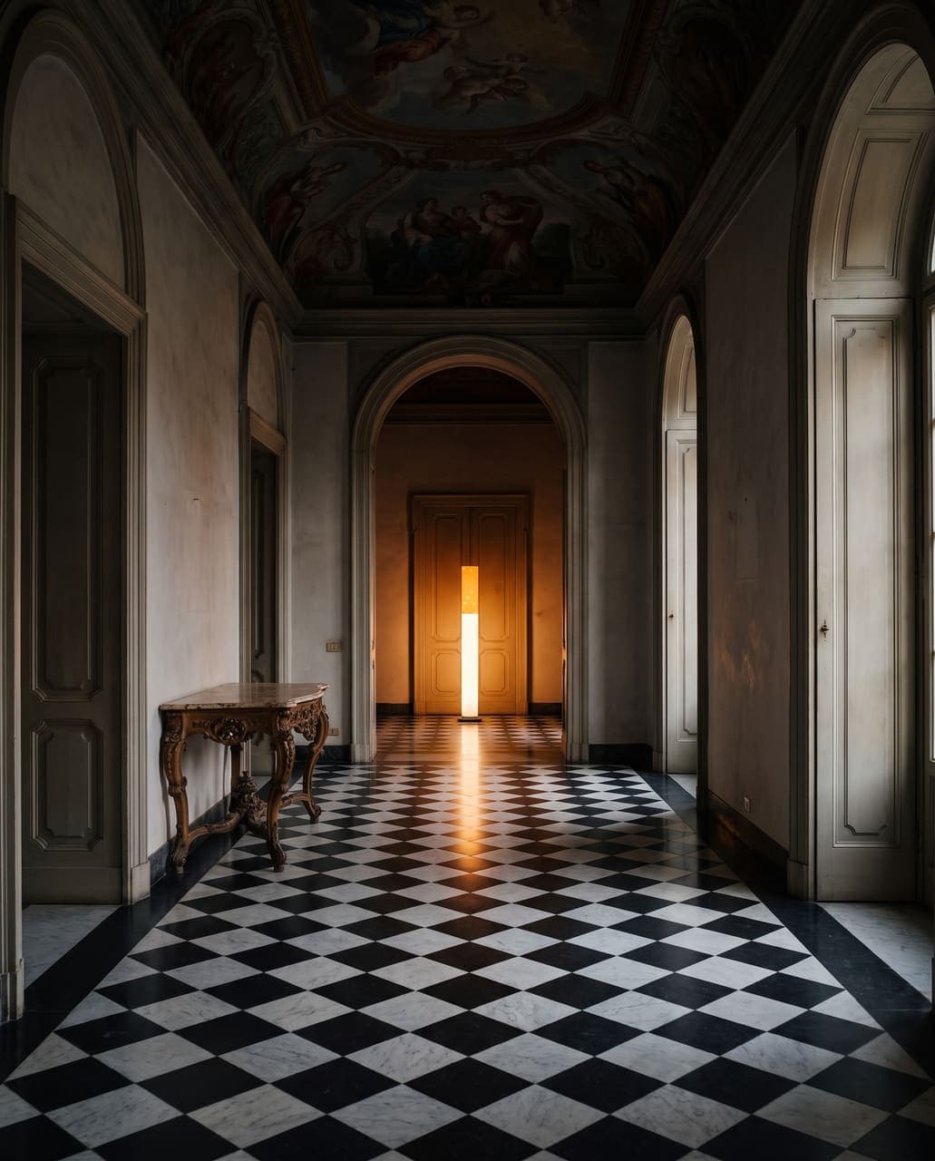 The lit floor lamp in a Milanese palazzo gallery with a checkerboard marble floor and arched doorways