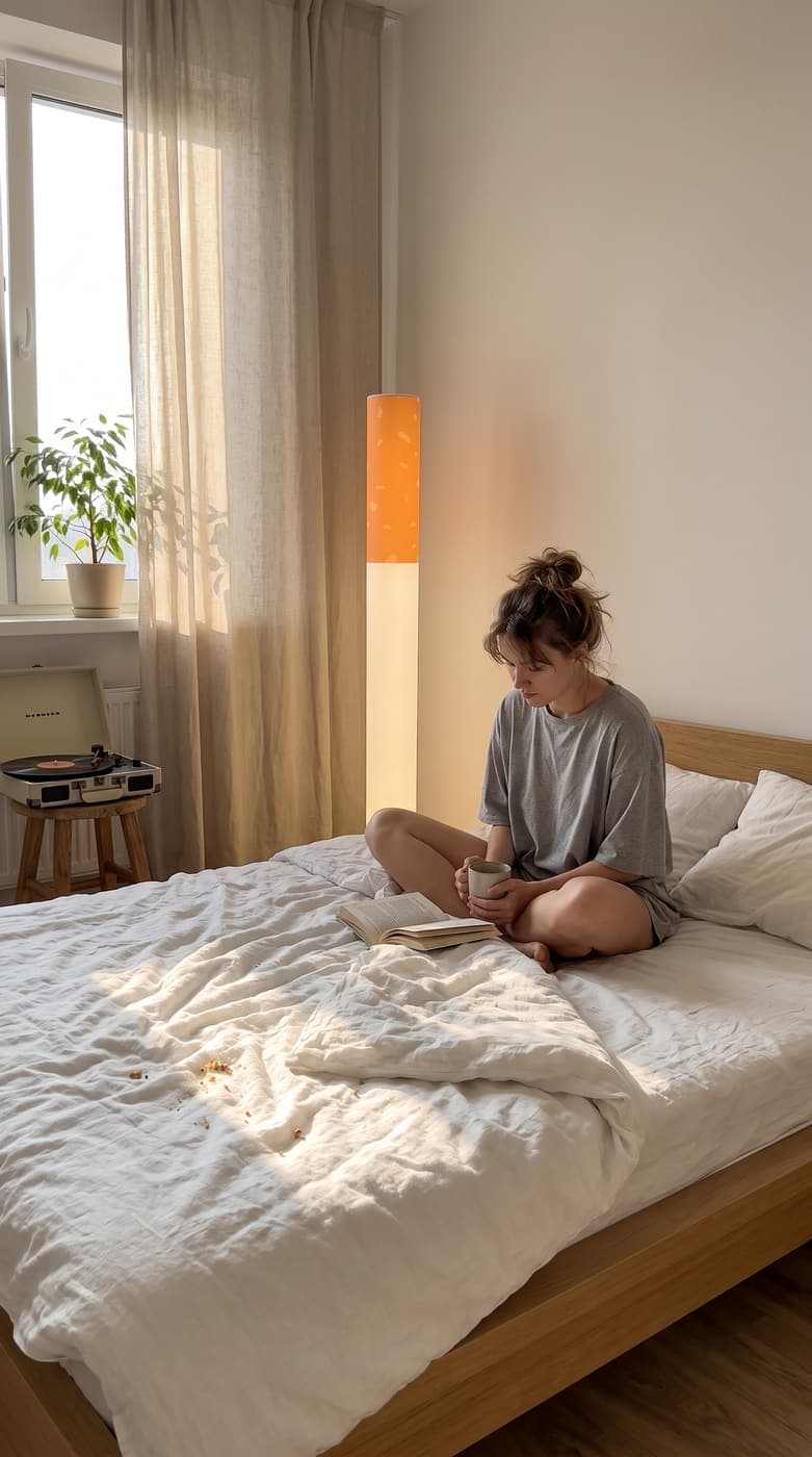 A woman in an oversized T-shirt sitting cross-legged on an unmade bed with a mug and a paperback, the floor lamp still on beside her
