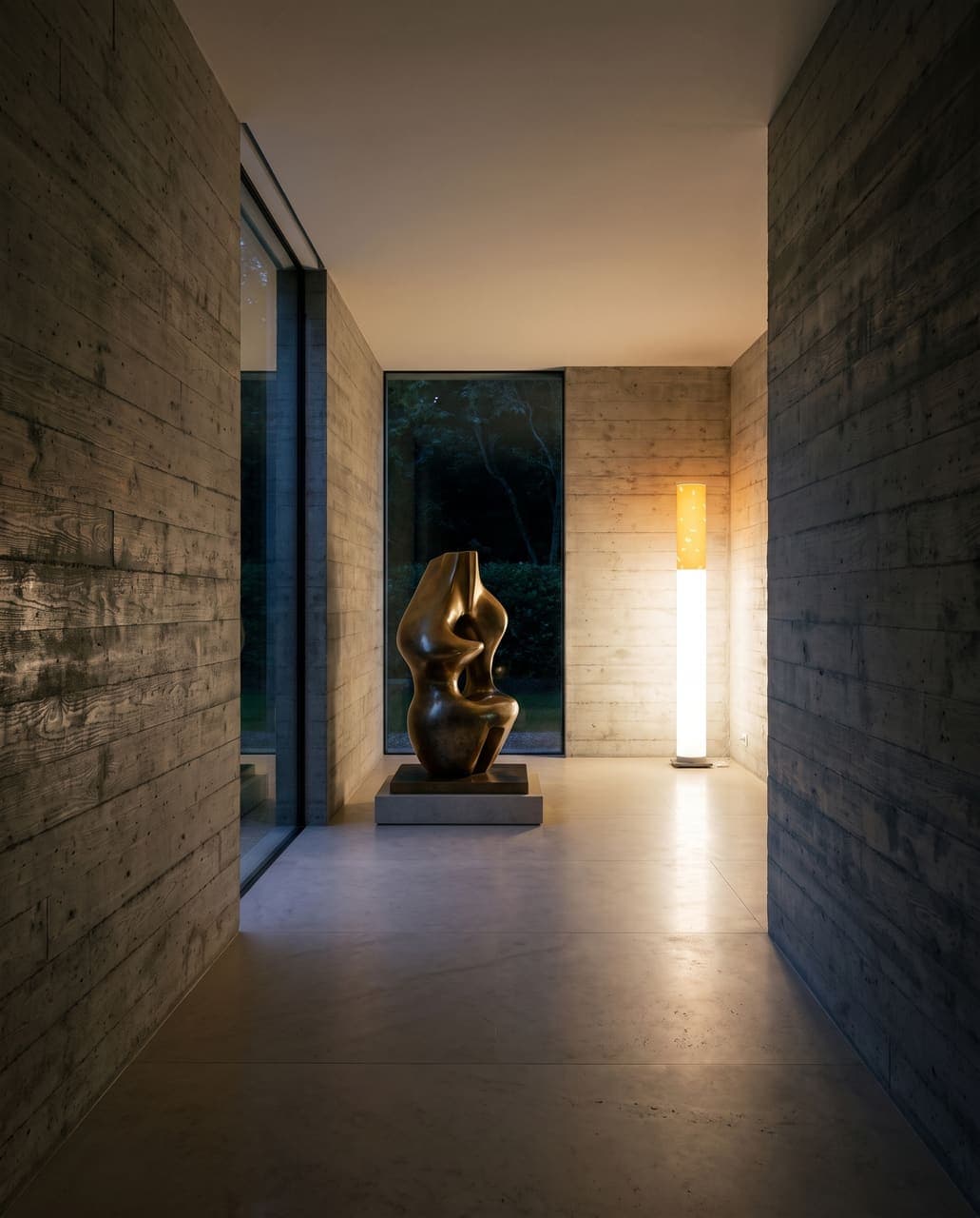 The lit floor lamp beside a bronze sculpture on a plinth in a concrete gallery with a slot window onto a dark garden