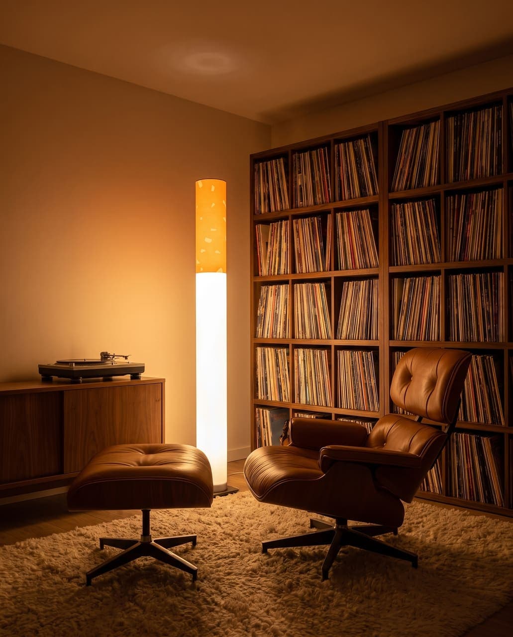 The lit floor lamp beside a leather lounge chair and a wall of vinyl records, a turntable on the sideboard