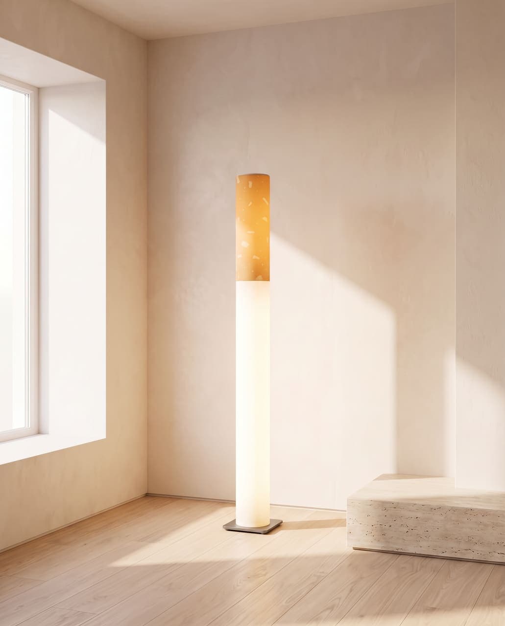 The unlit floor lamp in the corner of a sunlit plaster room with a travertine bench and pale oak floor