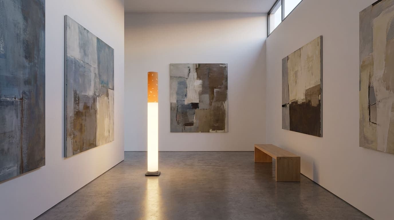 The lit floor lamp standing in the middle of a white gallery between large abstract paintings, a wooden bench behind