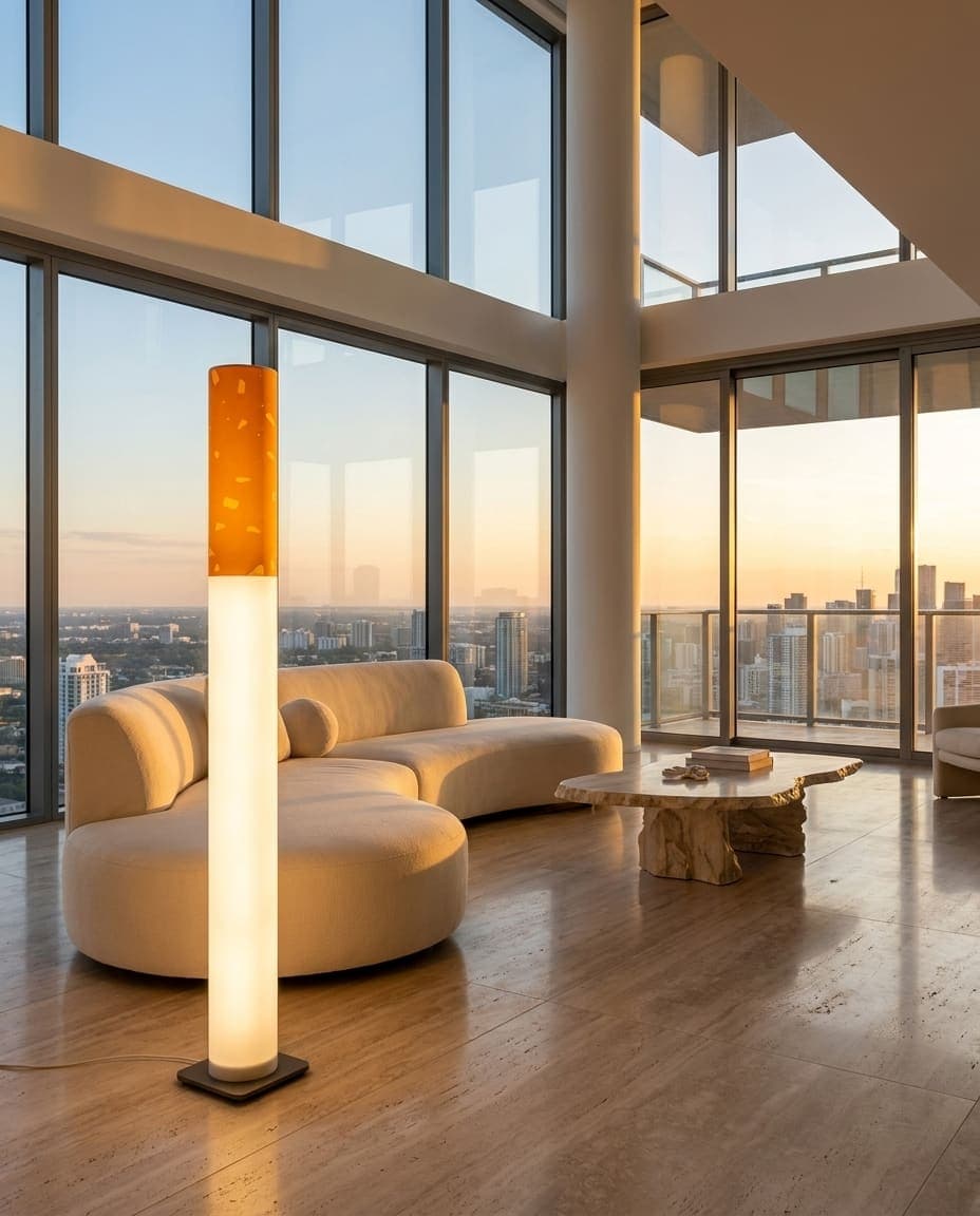 The lit floor lamp in a sunlit penthouse with a curved cream sofa and a travertine table, the city at golden hour outside