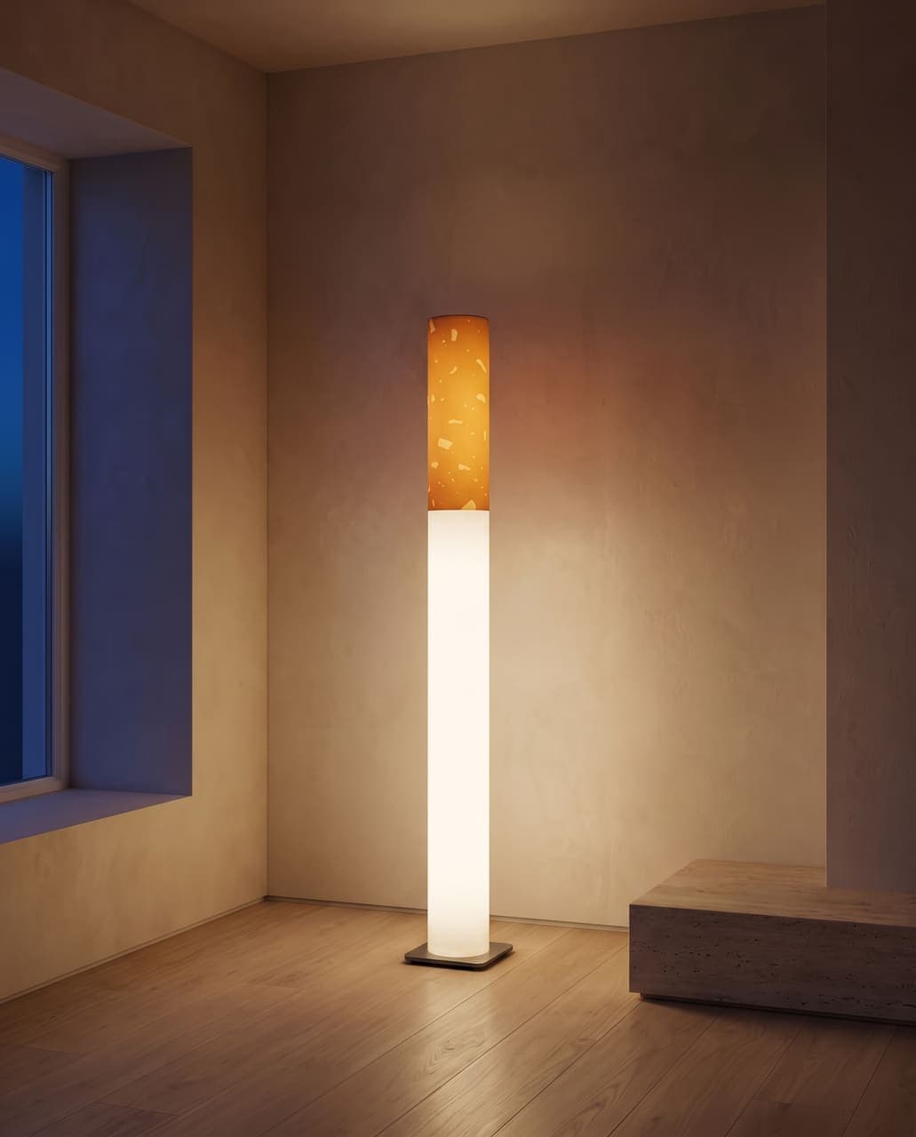 The floor lamp glowing warm white in the same plaster room at dusk, the window gone blue