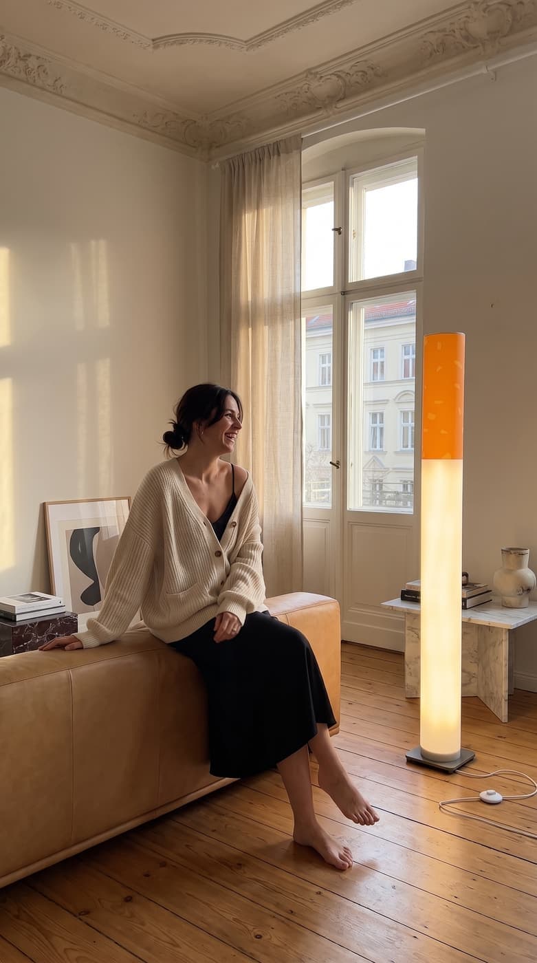 A woman in a cream cardigan sitting on a leather bench under a stucco ceiling, the floor lamp glowing by the window