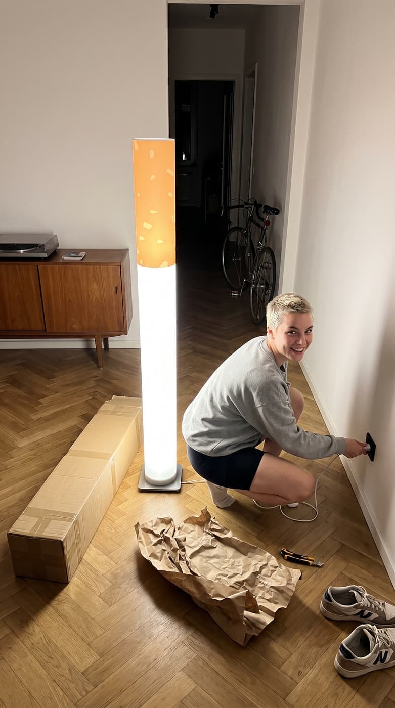 A woman crouching to plug in the floor lamp beside its empty box in a parquet hallway, already glowing