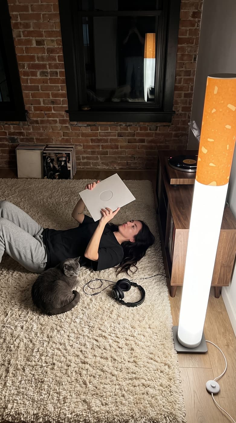A woman lying on a shag rug holding a record sleeve with a grey cat beside her, the floor lamp glowing in the foreground