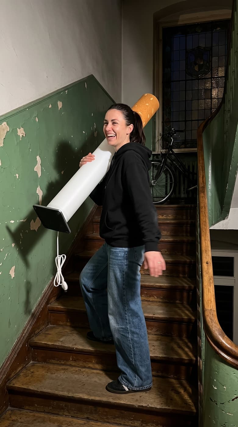 A woman laughing as she carries the floor lamp on her shoulder up a green-painted stairwell with a stained-glass window