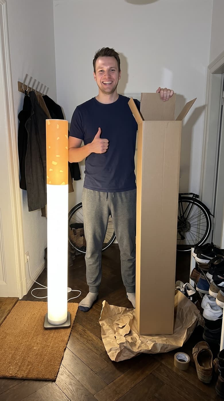 A man in a T-shirt and joggers giving a thumbs up beside the glowing floor lamp and its open box in a hallway