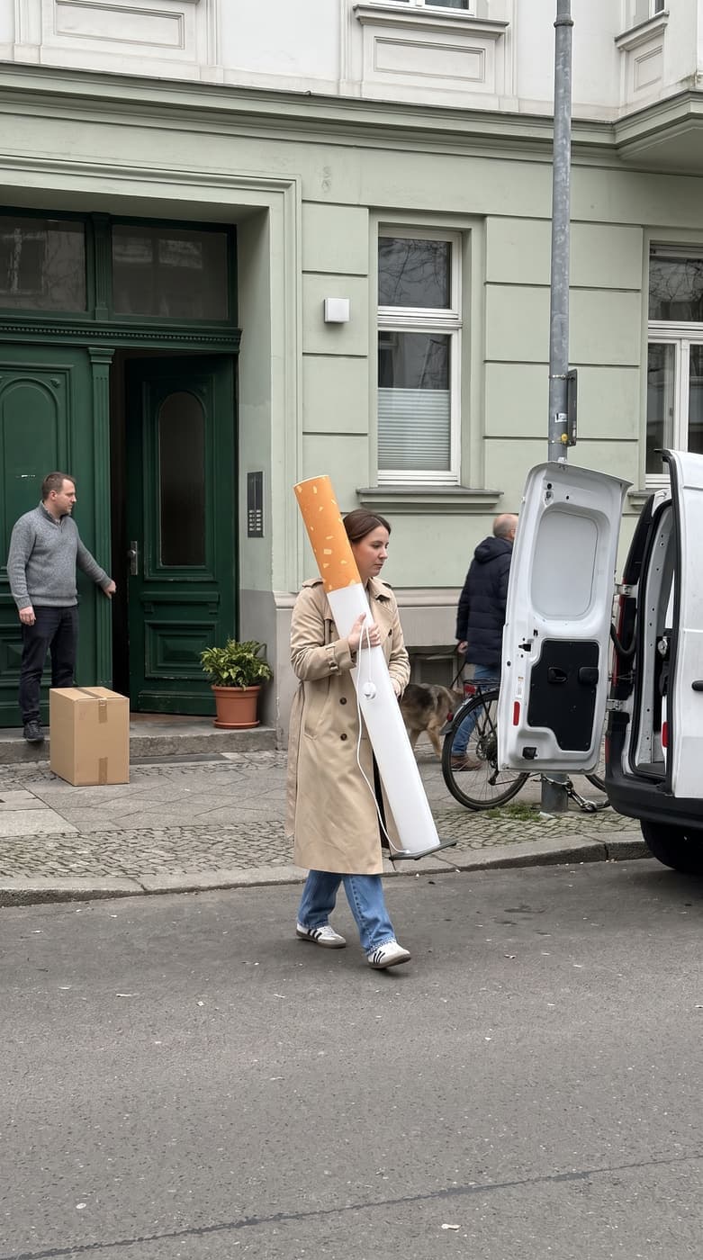 A woman in a trench coat carrying the boxed floor lamp under her arm from a white van across a Berlin street
