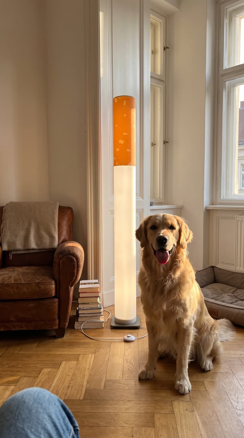 A golden retriever sitting in front of the glowing floor lamp beside a leather armchair in a bright parquet room