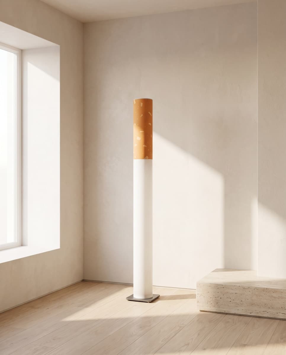 The giant cigarette floor lamp standing unlit in a bright, warm minimal room