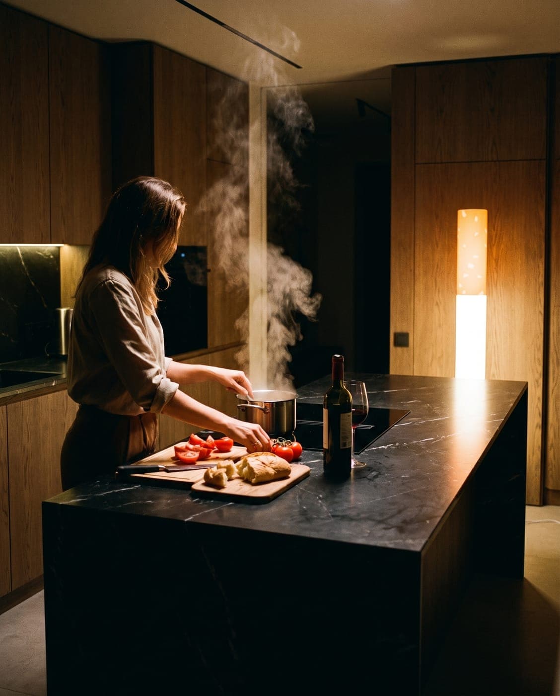 A woman cooking late at a black marble island, steam rising from the pot, one glass of wine poured, the floor lamp standing at the end of the counter