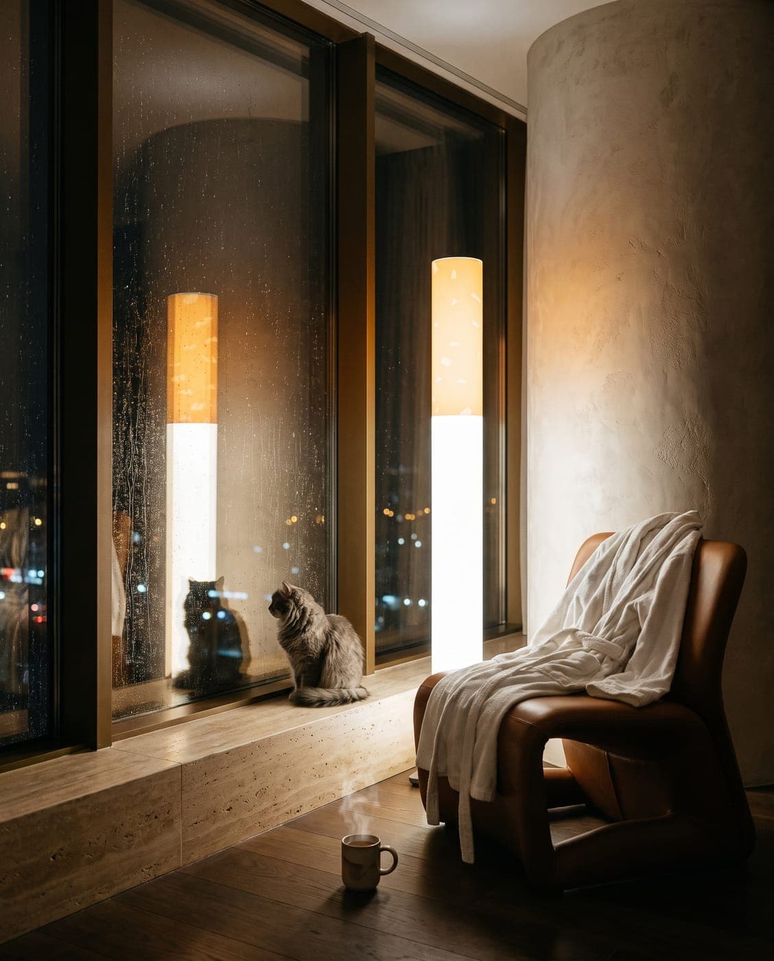 Rain on a tall bronze-tinted window at night, a grey cat on the sill and a bathrobe over a chair, the floor lamp glowing beside the glass