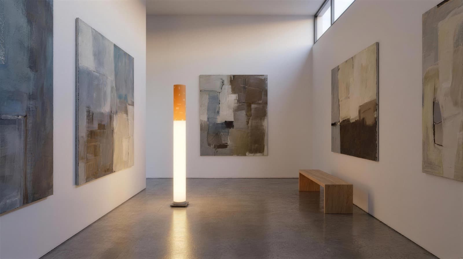 The lamp standing lit among large abstract paintings in a private gallery hall