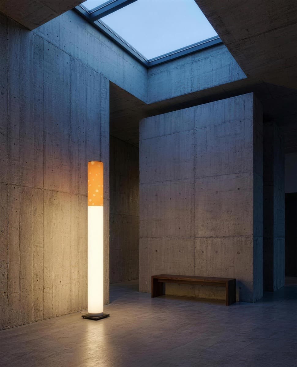 The lamp glowing against raw concrete walls in a brutalist loft at dusk