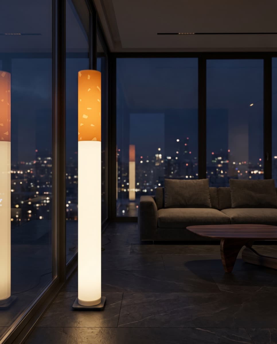 The lamp lit at night in a penthouse living room with city skyline windows