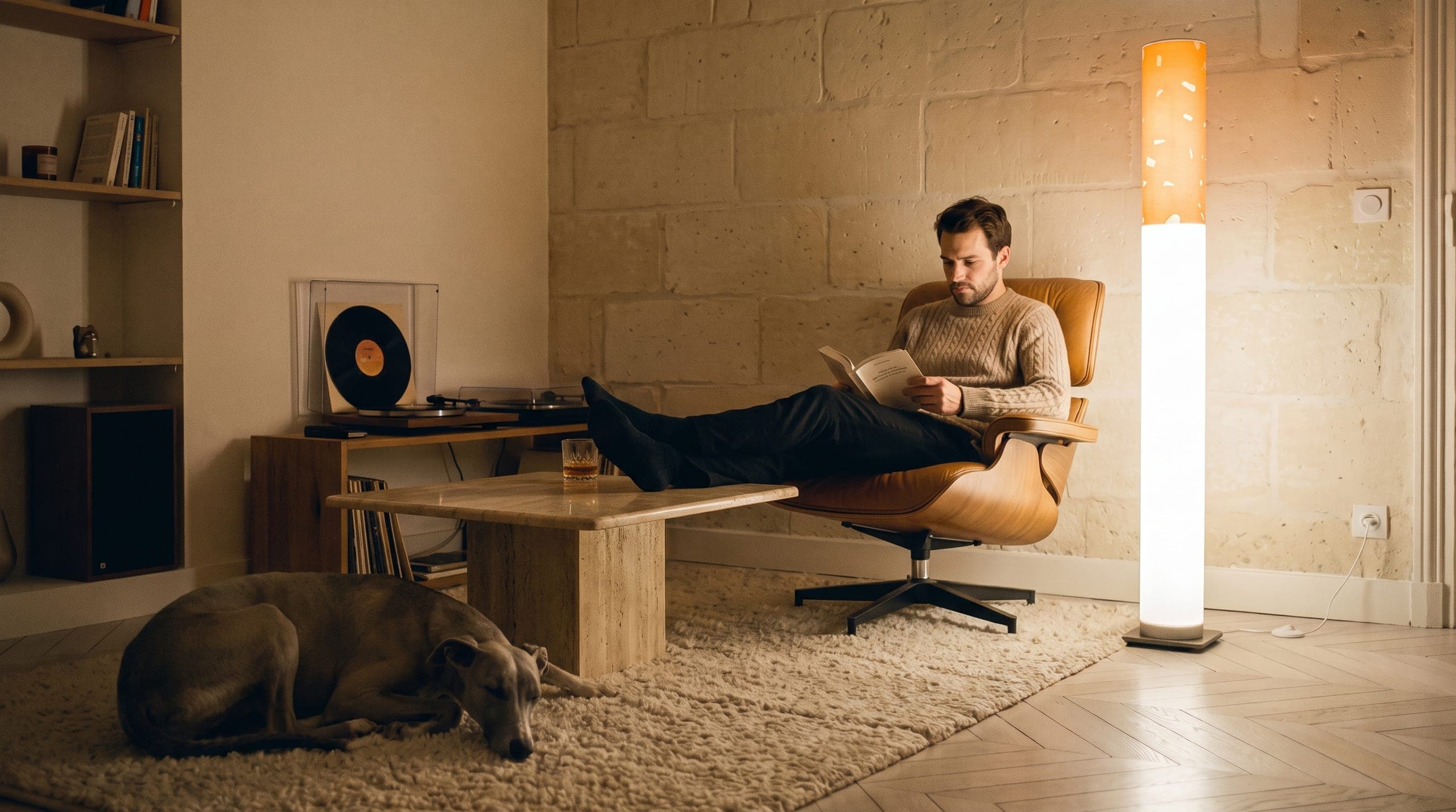 A man reading in a leather lounge chair with his feet up, a grey whippet asleep on the rug and a record turning, the tall opal floor lamp with the orange flecked band the only light in the room